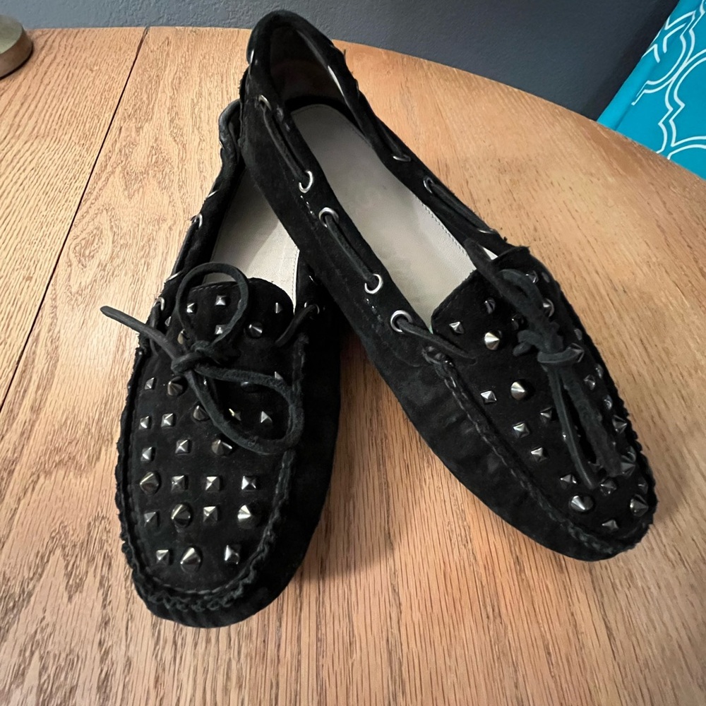 KORS Michael Kors Black Studded Suede Moccasin Loafers with Lace Tie